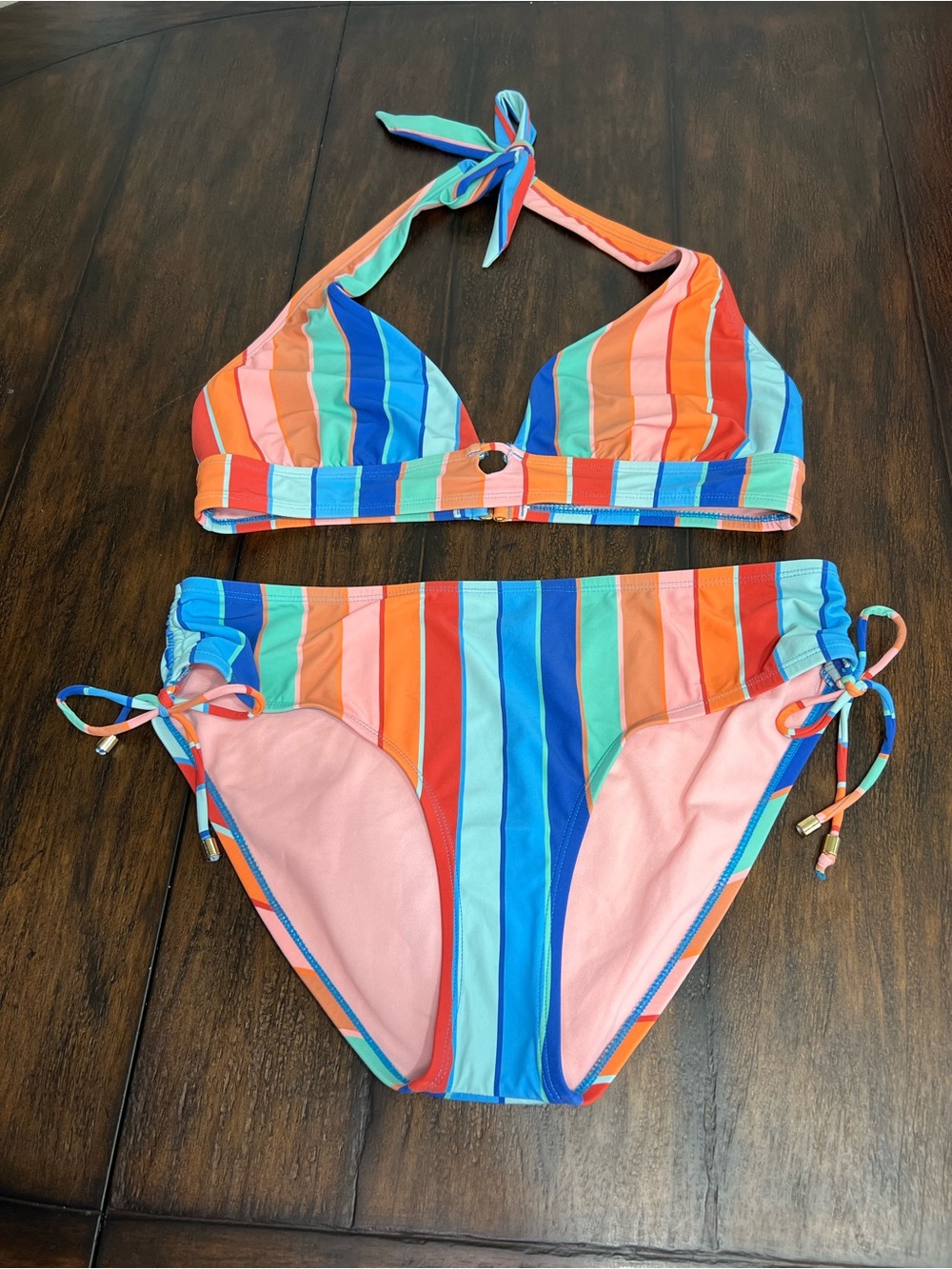 Gibson Latimer Blue Teal Pink Red Striped Halter Top Bikini Set Size Large